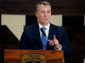 Dermot Shea, police commissioner of the City of New York, speaks at a news conference at Police Headquarters in New York, March 25, 2021.