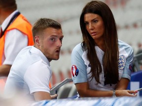 England's Jamie Vardy with wife Rebekah at the end of match against Iceland at Euro 2016 in Nice, France, June 27, 2016.