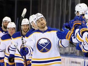 Sabres centre Rasmus Asplund (front) celebrates his second period goal against the Rangers at Madison Square Garden in New York City, March 22, 2021.