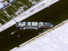 A satellite image shows stranded container ship Ever Given after it ran aground in Suez Canal, Egypt March 25, 2021.