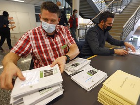 A town official sorts out envelopes containing votes at their arrival at the counting centre the day of a Swiss vote on banning face coverings in a referendum in Lausanne, Switzerland, March 7, 2021.