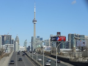 Looking eastward along the Gardiner Expressway towards the downtown core of Toronto from the Dufferin bridge on Sunday, March 7, 2021.