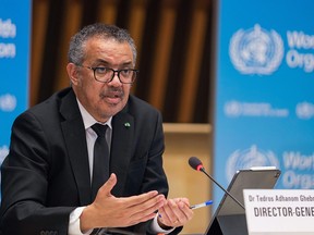 This handout picture taken and released on February 12, 2021 by World Health Organization (WHO) shows Director-General Tedros Adhanom Ghebreyesus delivering remarks during a press conference on February 12, 2021 in Geneva.