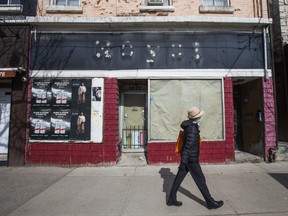 An empty storefront along Queen St. W., near Ossington Ave. in Toronto, Ont.  on Tuesday March 9, 2021.