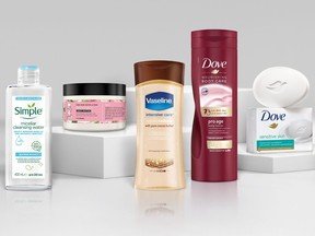 A 2021 handout illustration shows Unilever beauty products without the word 'normal' on its product packaging.
