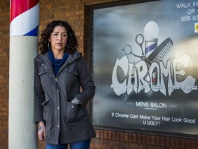 Alicia Hirter, owner of the closed-down Chrome Artistic Barbering in St. Catharines, Ont. on Tuesday, March 2, 2021.