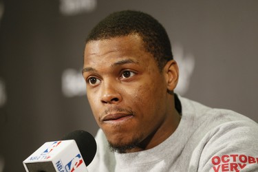 Kyle Lowry speaks to the media as the Raptors have their closing press conference at the Air Canada Centre in Toronto, Ont. after they were eliminated in their first round playoffs with the Wizards.   Monday April 27, 2015. Stan Behal/Toronto Sun/Postmedia Network