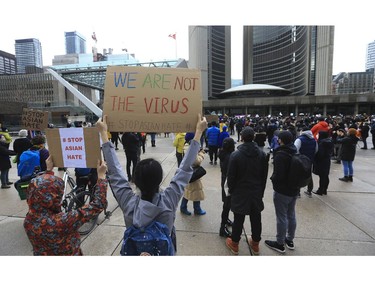 Thousands packed Nathan Phillips Square at Toronto's city hall to stand in solidarity against Anti-Asian racism this following recent racially-motivated hate events like the shootings in Atlanta and "scapegoating" people of Chinese descent for the COVID-19 pandemic Sunday March 28, 2021. Jack Boland/Toronto Sun/Postmedia Network