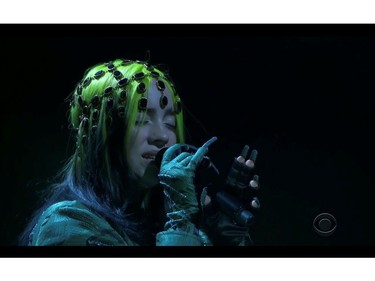 Billie Eilish performs in this screen grab taken from video of the 63rd Annual Grammy Awards in Los Angeles, California, U.S., March 14, 2021.