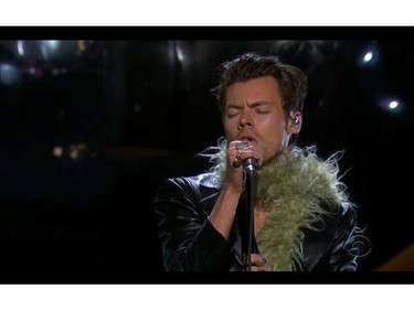 Harry Styles performs in this screen grab taken from video of the 63rd Annual Grammy Awards in Los Angeles, California, U.S., March 14, 2021.