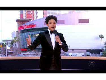 Host Trevor Noah speaks in this screen grab taken from video of the 63rd Annual Grammy Awards in Los Angeles, California, U.S., March 14, 2021.