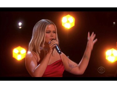 Maren Morris performs in this screen grab taken from video of the 63rd Annual Grammy Awards in Los Angeles, California, U.S., March 14, 2021.