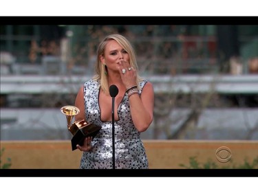 Miranda Lambert wins the Grammy for Best Country Album for "Wildcard" in this screen grab taken from video of the 63rd Annual Grammy Awards in Los Angeles, California, U.S., March 14, 2021.