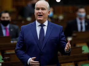 Canada's Conservative Party leader Erin O'Toole speaks during Question Period in the House of Commons on Parliament Hill in Ottawa, Ontario, Canada February 3, 2021.