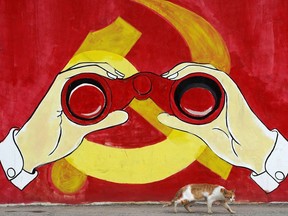 A cat keeps watch next to a mural showing an image of the Chinese Communist Party's emblem along a street in Shanghai,  China September 25, 2019.