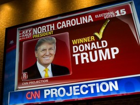 A picture of Donald Trump appears on a CNN television program after the Republican party nominee won the vote from the state of North Carolina at the Hilton Hotel on November 9, 2016 in New York City.