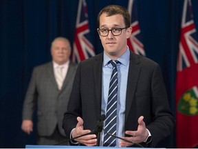Ontario Minister of Labour, Training and Skills Development Monte McNaughton answers questions at the daily briefing at Queen's Park in Toronto in a file photo from April 2020.