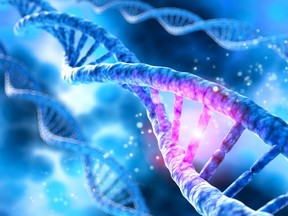 Biotechnical illustration of three DNA spirals with blue cell background.