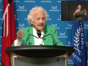 Former Mississauga mayor Hazel McCallion speaks about her COVID vaccination on Wednesday, March 17, 2021.