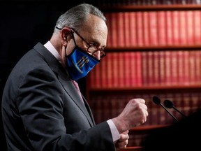 Senate Majority Leader Chuck Schumer (D-NY) speaks about efforts to pass fresh coronavirus disease (COVID-19) relief legslation as Senate Democratic leaders hold a news conference at the U.S. Capitol in Washington, U.S., March 2, 2021.
