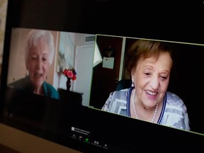 Betty Grebenschikoff, left, 91, reunites with Ana María Wahrenberg, 91, on a Zoom call. The two Holocaust survivors were best friends growing up in Germany and had been searching for each other for more than 80 years. MUST CREDIT: Courtesy of USC Shoah Foundation