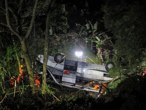 Rescue personnel work at the crash site after a bus fell into a ravine in Sumedang, West Java Province, Indonesia March 10, 2021, in this photo taken by Antara Foto. Picture taken March 10, 2021.