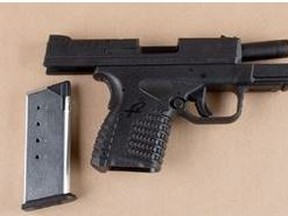A gun and magazine seized March 3, 2021 at The Arc condo building in Mississauga.