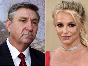 This combination photo shows Jamie Spears, father of singer Britney Spears, leaving the Stanley Mosk Courthouse in Los Angeles on Oct. 24, 2012, left, and singer Britney Spears at the Los Angeles premiere of "Once Upon a Time in Hollywood" on July 22, 2019.