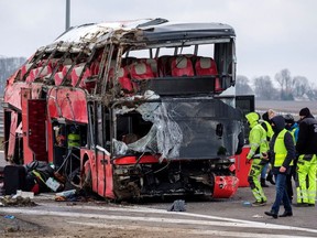 Emergency personnel work at a site of a Ukrainian bus crash on the side of A4 highway from Jaroslaw to Korczowa, near Koszyce, Poland  March 6, 2021.