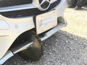 Arfa Ata was driving on Gore Rd. in Caledon when a large, circular saw blade fell off of another vehicle and sliced into the front of her Mercedes on Thursday, March 26, 2021.