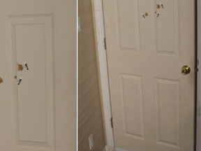 The side door of a house in Mississauga was shot up by home invaders claiming to be cops on Dec. 19, 2020.