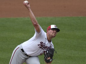 Washington National pitcher Will Harris delivers a pitch during an intersquad game at Nationals Park in Washington, Friday, July 17, 2020.