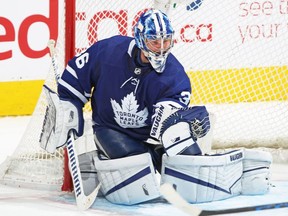 Jack Campbell of the Toronto Maple Leafs makes a save late in the game on his way to setting a Maple Leaf consecutive win record against the Montreal Canadiens during an NHL game at Scotiabank Arena on April 7, 2021 in Toronto, Ontario, Canada.
