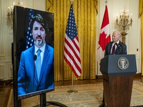 U.S. President Joe Biden and Prime Minister Justin Trudeau deliver opening statements via video link in the East Room of the White House February 23, 2021 in Washington, D.C.