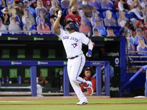 Vladimir Guerrero Jr.  of the Toronto Blue Jays celebrates his second home run of the game during the fifth inning against the Washington Nationals at TD Ballpark on April 27, 2021 in Dunedin, Florida.