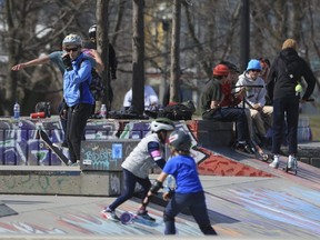 Masks were in short supply at the skateboard park located at the foot of Coxwell Ave. on April 5, 2021.