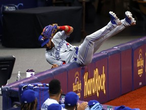 Toronto Blue Jays left fielder Lourdes Gurriel Jr. catches a fly ball against the Tampa Bay Rays on Saturday.