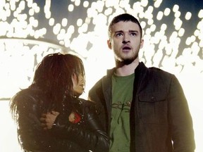 Singers Janet Jackson and surprise guest Justin Timberlake perform during the halftime show at Super Bowl XXXVIII between the New England Patriots and the Carolina Panthers at Reliant Stadium on February 1, 2004 in Houston, Texas.