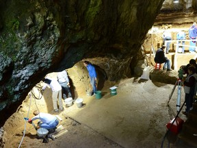A view of excavations at Bacho Kiro Cave in Bulgaria, where the remains of anatomically modern humans (Homo sapiens) who lived approximately 45,000 years ago were found, is seen in this undated handout photograph.
