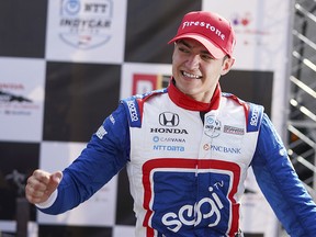 Chip Ganassi Racing driver Alex Palou (10) reacts after winning Sunday at Barber Motorsports Park.