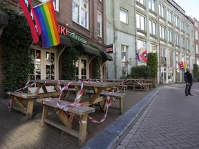 A closed restaurant terrace is seen in Amsterdam, Netherlands, April 13, 2021.