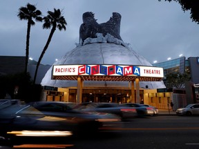 A prop promoting the film "Godzilla: King of the Monsters" is pictured on the roof of the Cinerama Dome theatre in Los Angeles, Calif., June 3, 2019.
