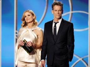 Actors Kyra Sedgwick and Kevin Bacon present an award in this handout photo from the 78th Annual Golden Globe Awards in Beverly Hills, Calif., Feb. 28, 2021.