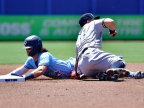 Blue Jays shortstop Bo Bichette (left) steals second base as Yankees second baseman Rougned Odor (right) covers during first inning MLB action at TD Ballpark in Dunedin, Fla., Wednesday, April 14, 2021.