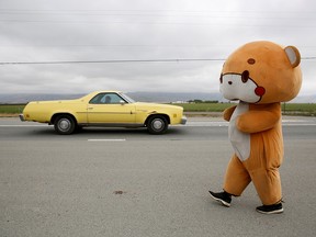 Jesse Larios, 33, from Los Angeles, wears a bear suit while walking along Hollister Road in Gilroy, California, April 21, 2021.