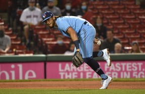 Blue Jays shortstop Beau Bichette fielding a ground ball during the fifth inning against the Red Sox at Fenway Park.