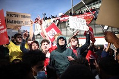 Arsenal fans protest against owner after failed launch of a European Super League - Emirates Stadium, London, Britain - April 23, 2021 Arsenal fans demonstrate at owner Stan Kroenke's involvement in the failed launch of a European Super League