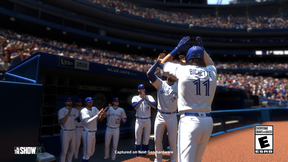 Digital Beau Bichette gives five to his teammates in MLB The Show 21.