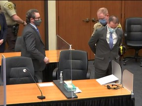 Former Minneapolis police officer Derek Chauvin is handcuffed to be led away after a jury found him guilty of all charges in his trial for second-degree murder, third-degree murder and second-degree manslaughter in the death of George Floyd in Minneapolis, Minn., April 20, 2021 in a still image from video.