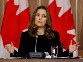 Deputy Prime Minister and Minister of Finance Chrystia Freeland speaks to the media before unveiling her first fiscal update in Ottawa November 30, 2020.